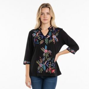 Parsley & Sage Black Top Embroidery tunic woman L floral linen boho shirt top